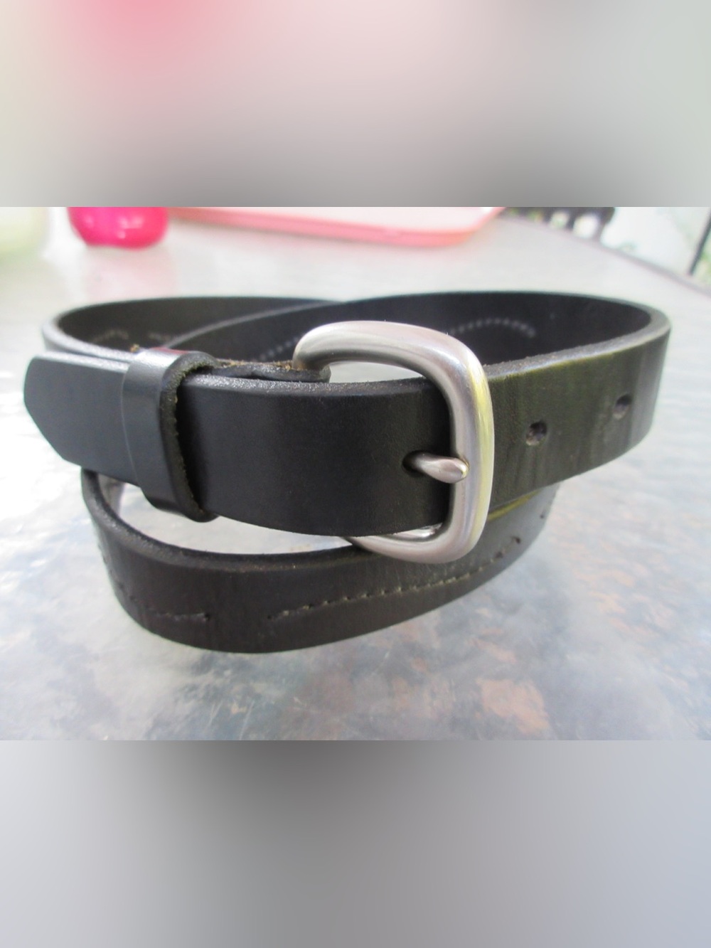 Eddie Bauer Black Leather Belt with Matte Silver Buckle 36-40”